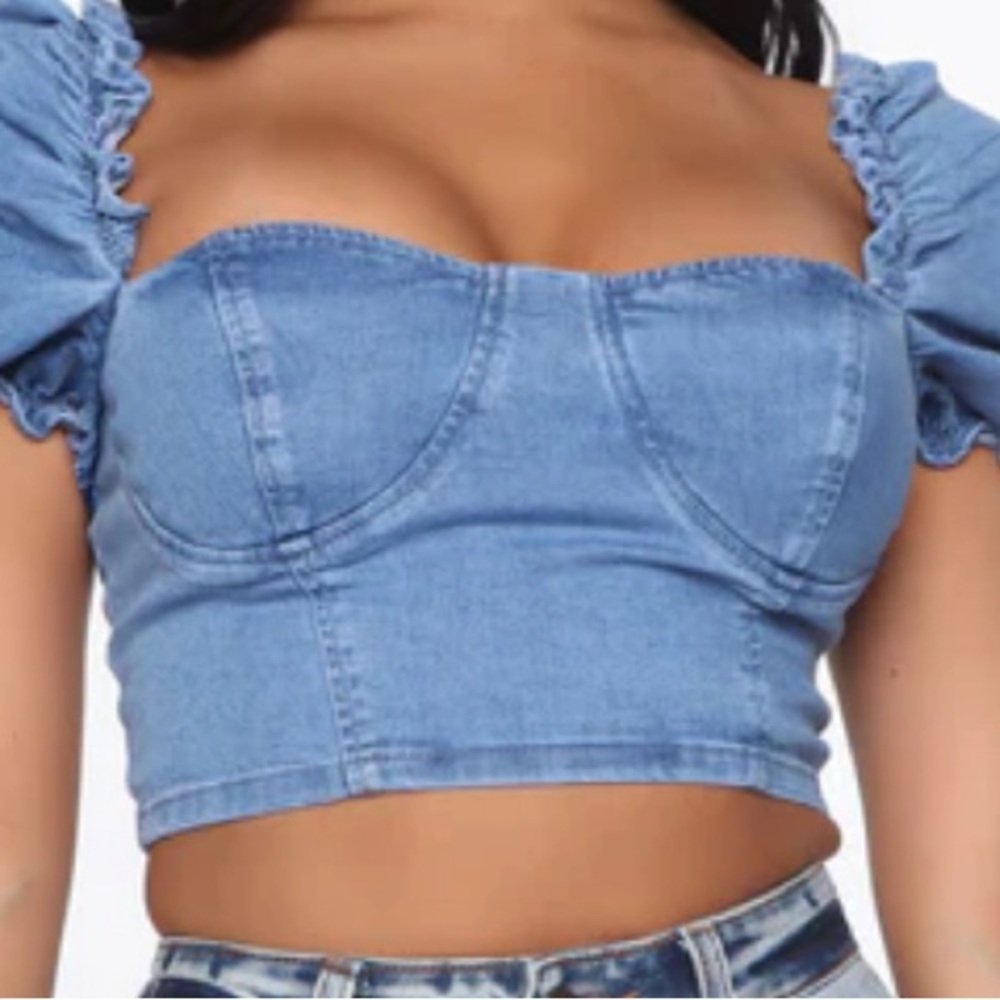 NWT FASHON NOVA Medium Wash Denim Crop Top Sz M